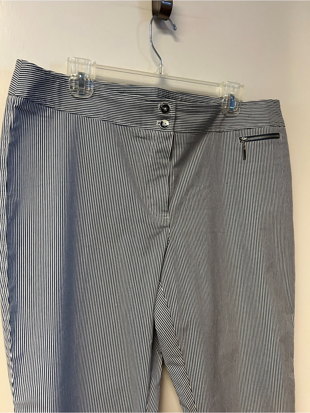 Jones New York Women’s Navy & White Pinstripe Stretch Pants with Zip Pocket